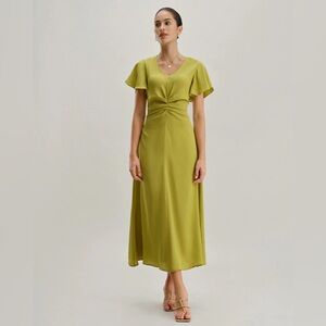 RIHOAS Green V Neck Ruffle Sleeve Midi Dress S